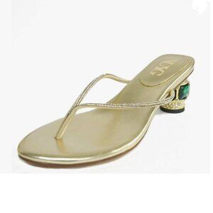 Gold Crystal Mid Heel Sandals Casual Flip Flops Open Toe Daily Wearing Slippers